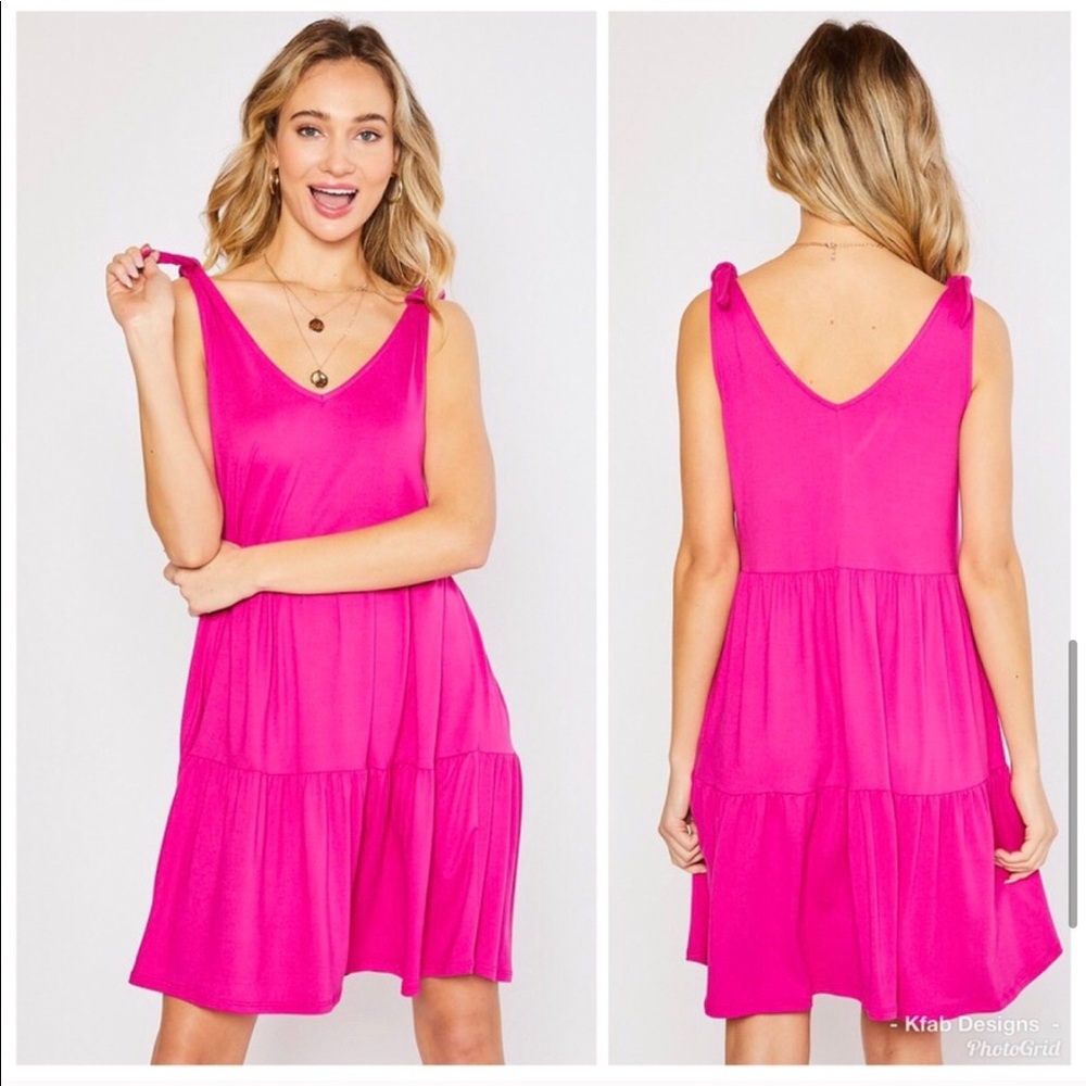 Sale ! Fuchsia Tired Ruffle Vneck Bow Detail Dress - Picture 5 of 7